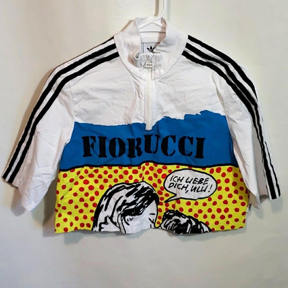 Adidas White and Blue Graphic Crop Top